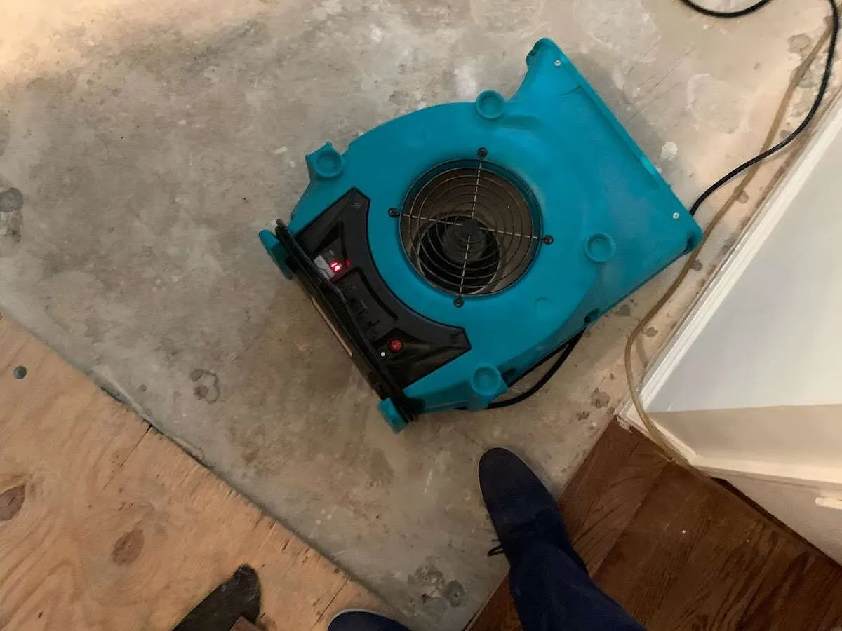 Air mover drying subfloor during Commercial Water Damage Restoration in Frankfort